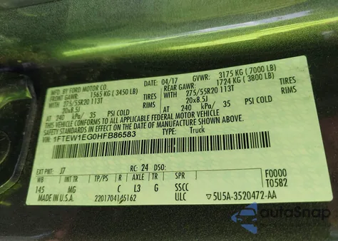 2017 Ford F-150 Xlt из США, поврежденный, VIN 1FTEW1EG0HFB86583